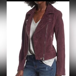 Blank NYC moto suede jacket in maroon plum color